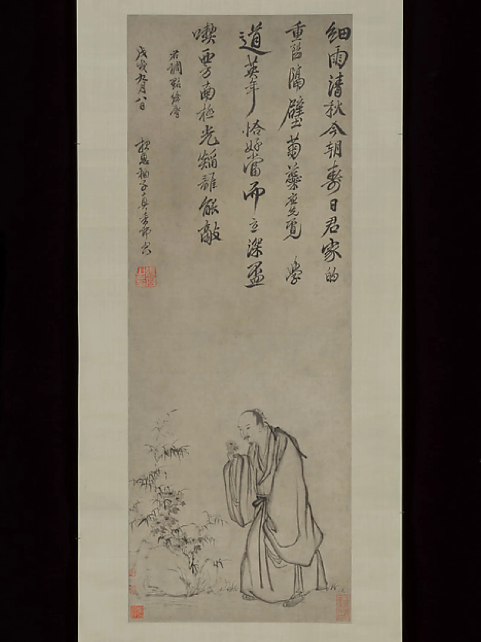 Qing-dynasty ink painting Plucking Chrysanthemums, after Zhang Feng.