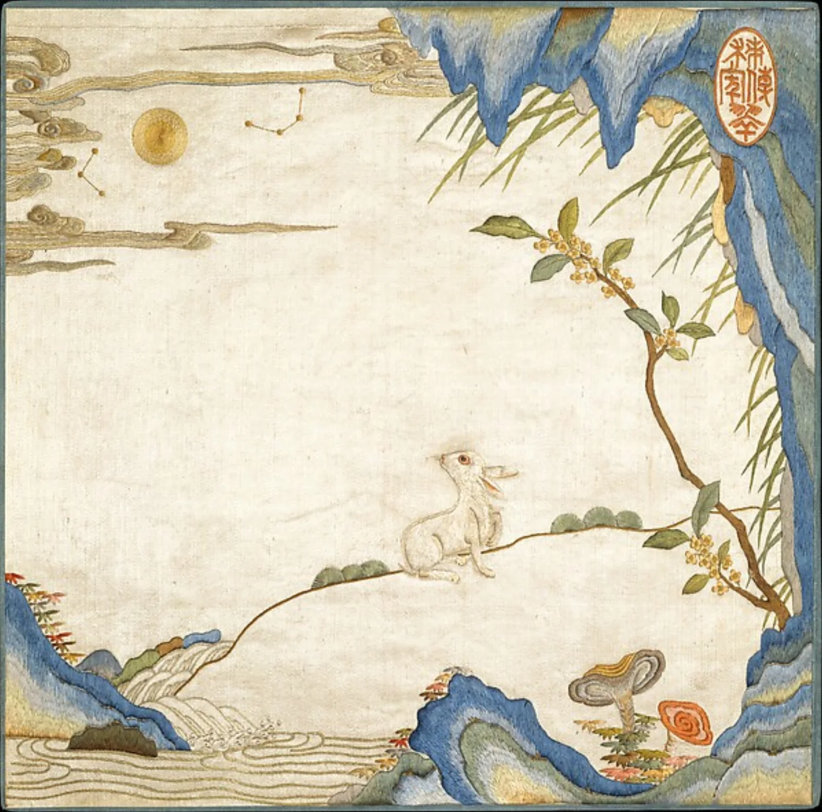 Eighteenth-century Qing embroidery of a rabbit gazing at the moon.
