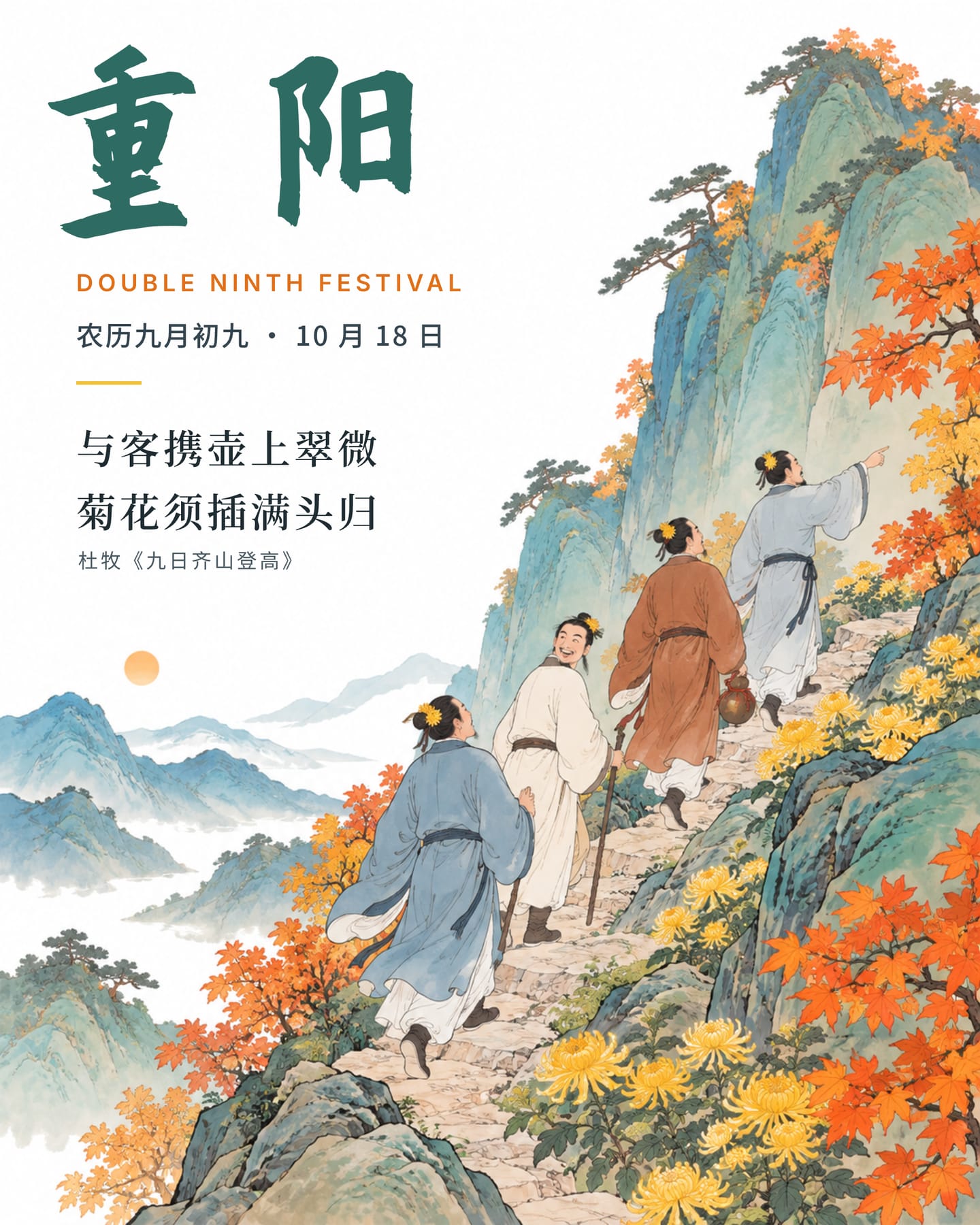 A Double Ninth Festival poster: four friends with chrysanthemums in their hair climb a mountain among orange autumn leaves, with the title and Du Mu's verse on white.