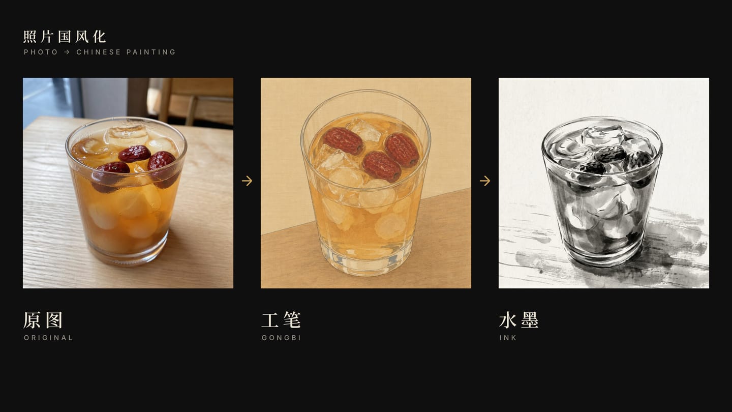 A photo-to-painting triptych: the same iced tea as the original photo, as a fine-line painting and as an ink painting, side by side.
