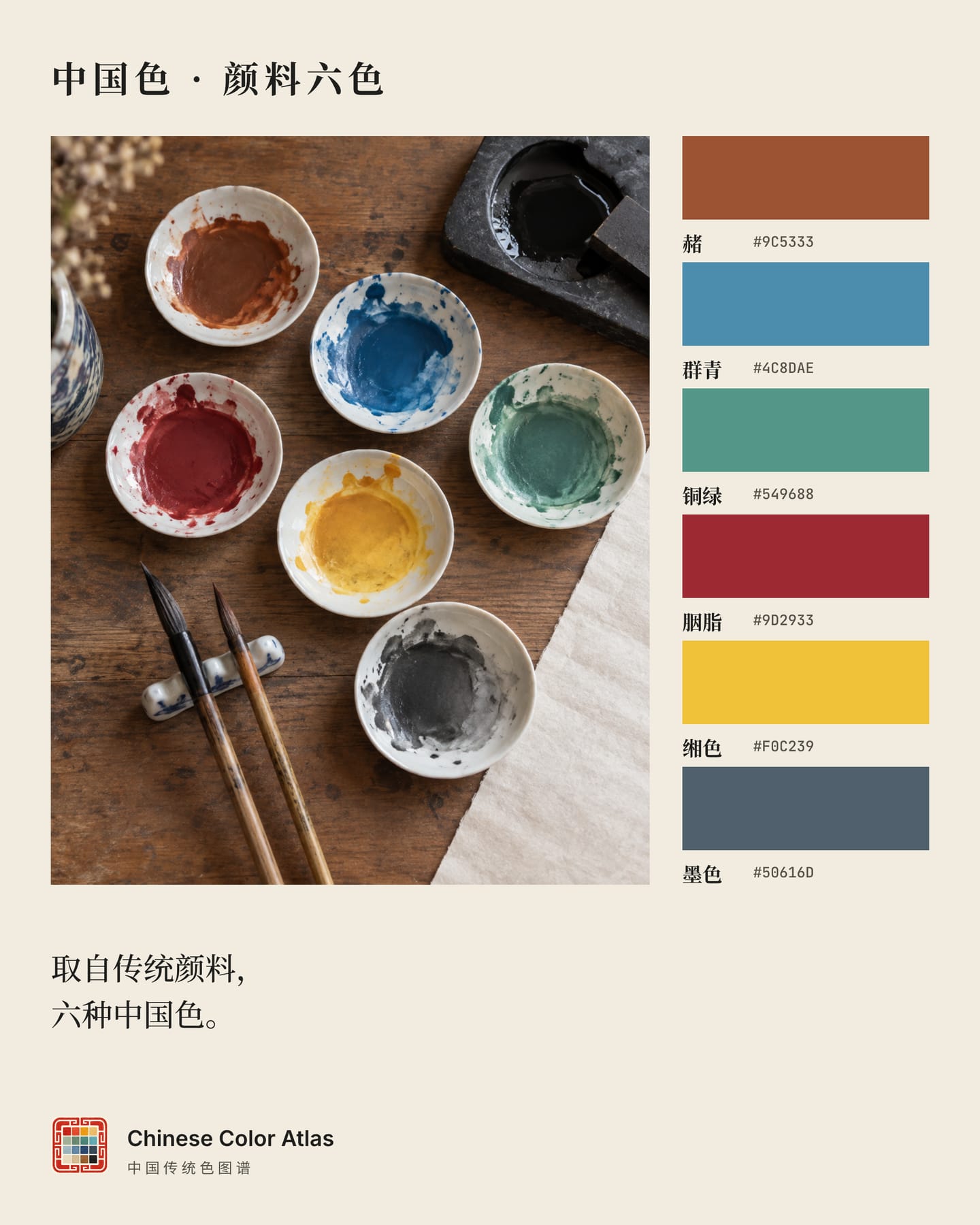 A Chinese colour card: a top-down photo of six dishes of traditional pigment on the left, and on the right six swatches with colour codes.